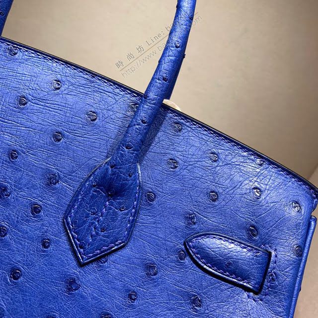 Hermes女包 愛馬仕Birkin30cm Hermes鉑金包 Ostrich鴕鳥皮 全手縫蠟線 7T Blue Htdra電光藍銀扣  am1899
